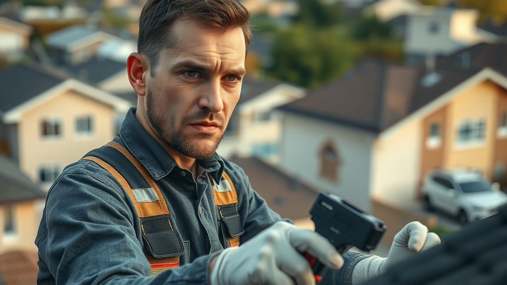 A professional roof inspector using inspection tools in an urban residential setting.