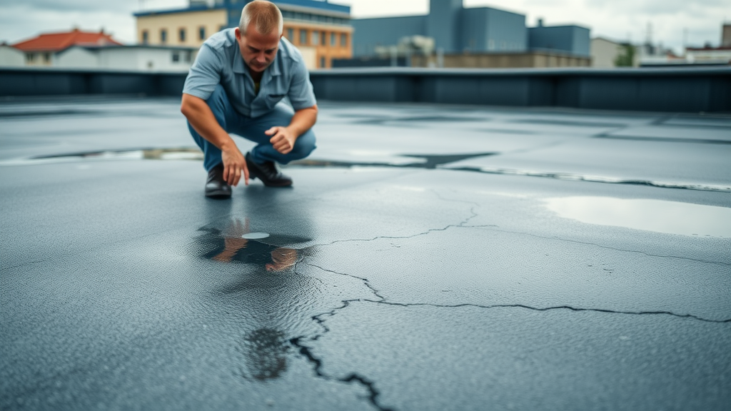 Inspector examining flat roof for water ponding and cracks, flat roof maintenance, photorealistic, urban commercial property