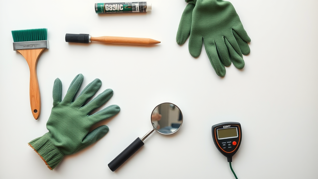 Top-down view of essential flat roof maintenance tools, brush, gloves, sealant, digital moisture meter, flat roof maintenance, neat tabletop