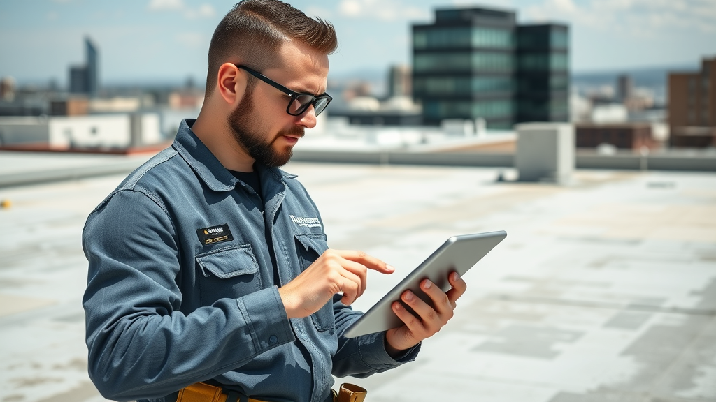 Professional roofing contractor inspecting a flat roof with digital tablet, professional roof maintenance, photorealistic, city rooftop