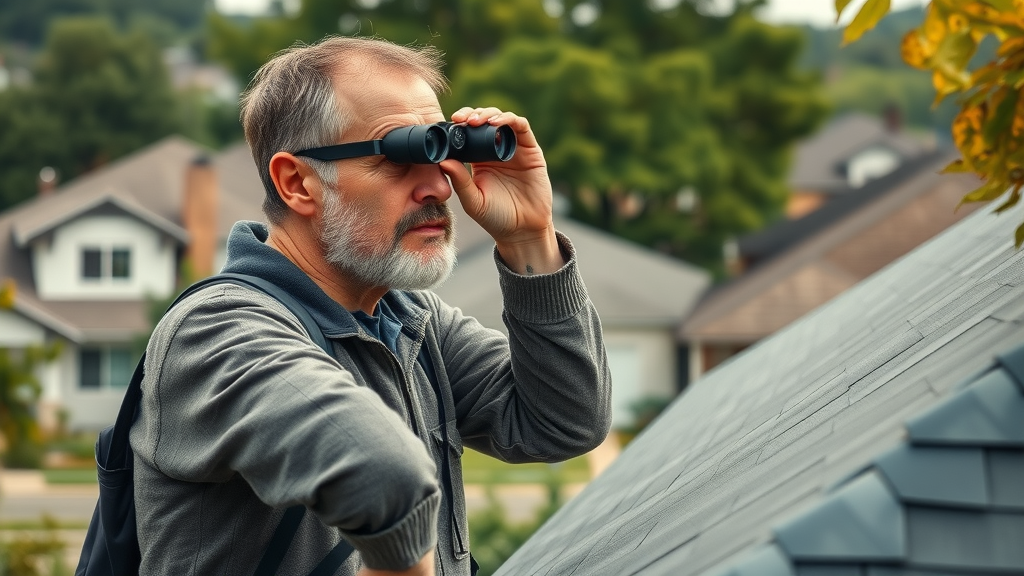concerned homeowner inspecting rooftop with binoculars using roof inspection checklist in suburban neighborhood