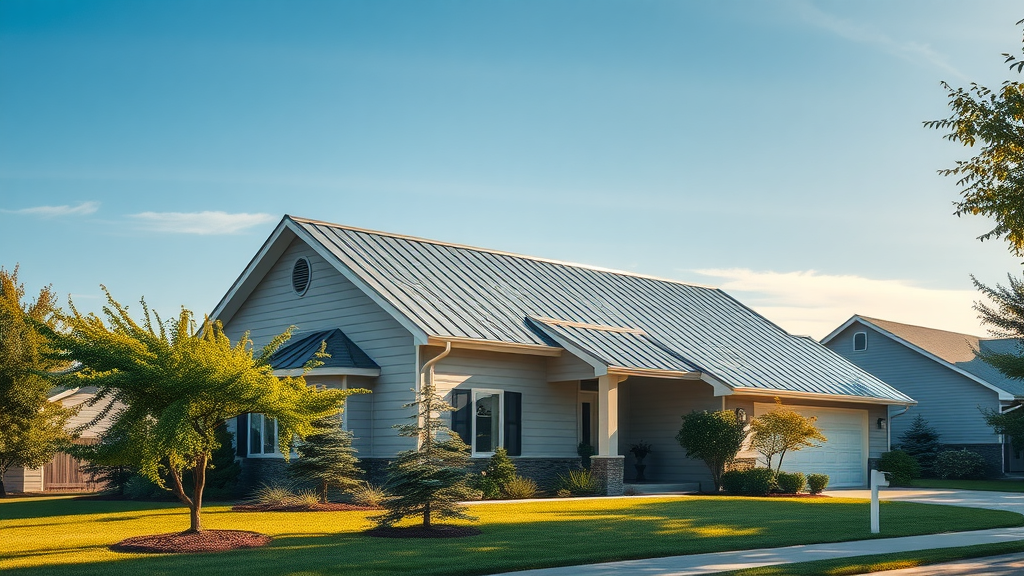 sleek suburban home with a metal roof, modern and appealing under a blue sky, showcasing metal roofing for homes