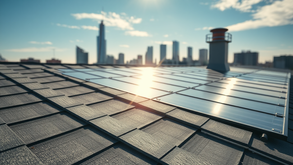 closeup of energy-efficient roofing materials including reflective coatings, solar shingles, metal roofing on Dallas home