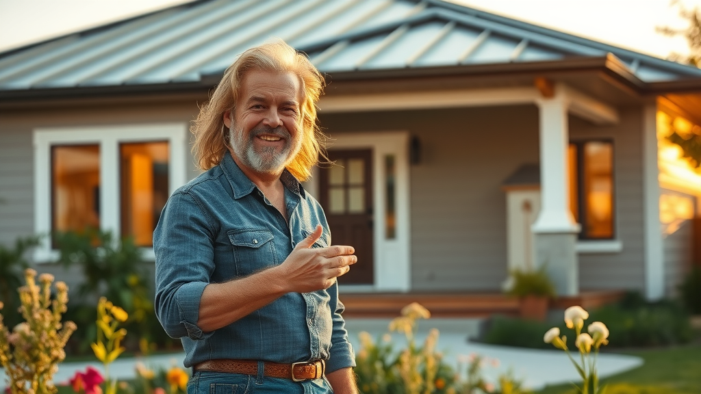 happy homeowner standing by their newly installed metal roof home, satisfied with improved curb appeal and metal roofing for homes