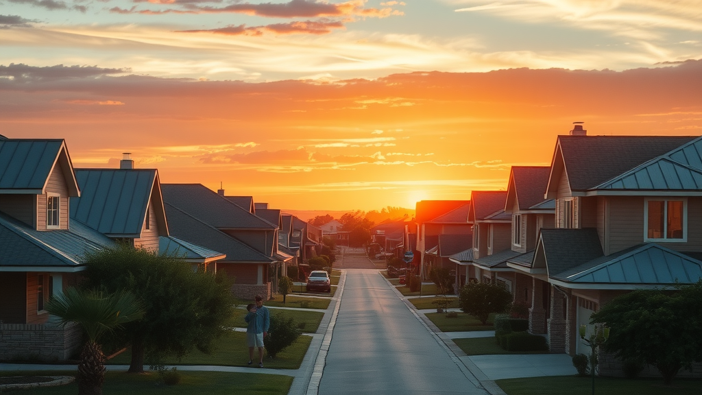 serene Texas neighborhood at sunset with cool roofing, metal roofs, energy-efficient homes, peaceful families outdoors