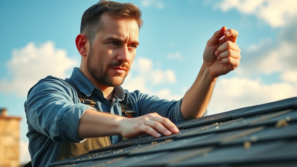 professional roofer using roof inspection checklist lifting shingles to inspect for damage