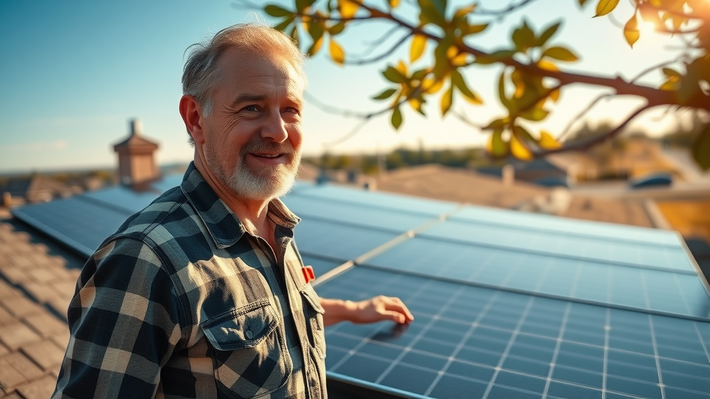 innovative Texas home with solar shingles, cool roof coatings, homeowner inspecting panels under blue sky, energy-efficient roofing