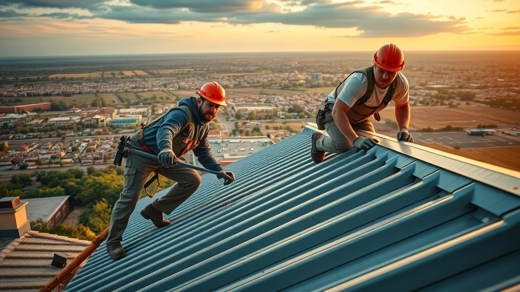 roofing contractors installing metal roofing panels on Texas house, professional setting, vibrant colors, energy-efficient roofing