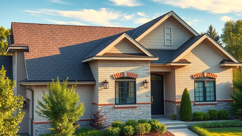 stylish Tamko-branded asphalt roofing shingles on upscale modern home