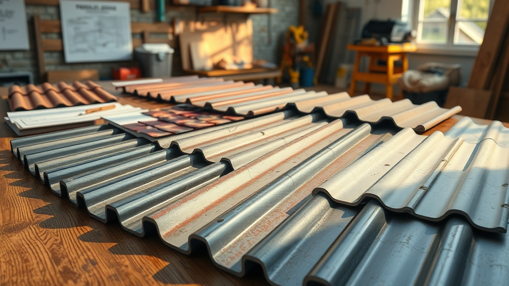 various metal roofing samples for homes, showing different types of metal roofing options and their finishes