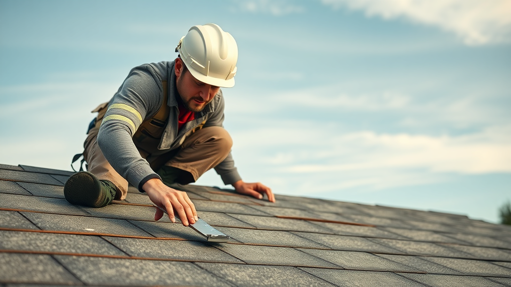 experienced roofer installing asphalt shingles on residential rooftop