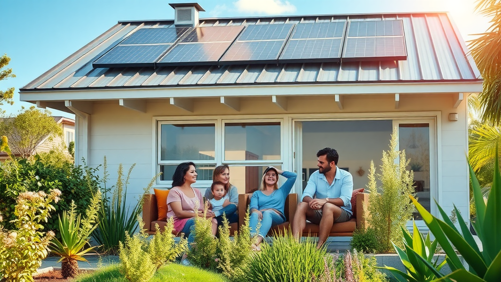 energy-efficient home with solar panels and a modern metal roof reflecting sunlight, highlighting the benefits of metal roofing for homes