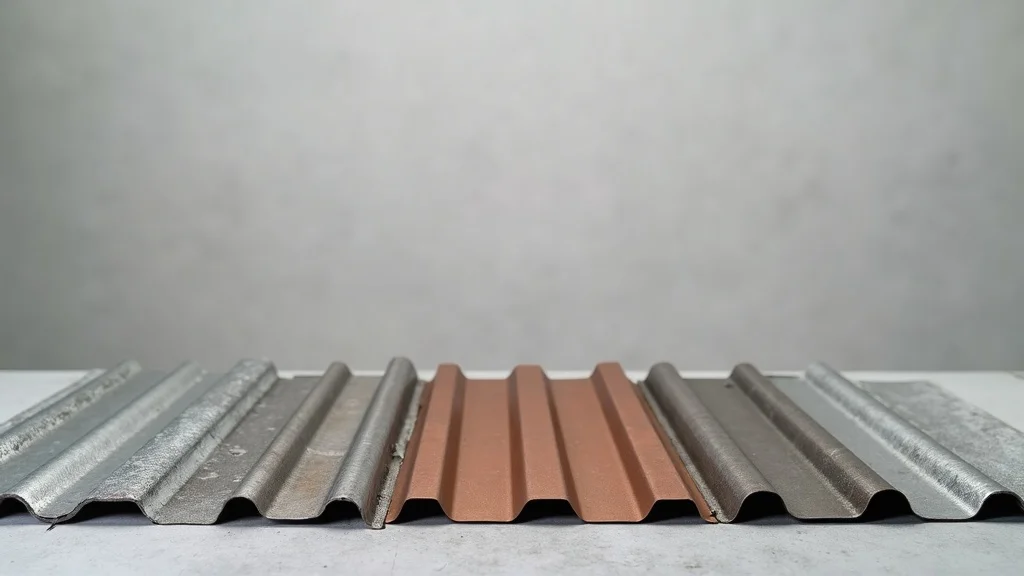 Selection of residential metal roofing sample materials: brushed aluminum, galvanized steel, copper, and zinc—used for premium residential metal roof systems.