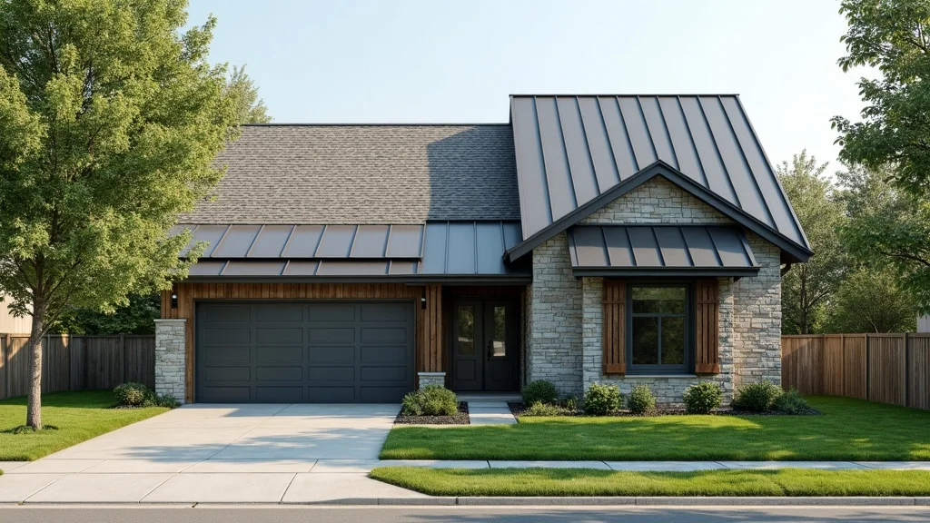 Modern suburban home with half its roof finished in classic asphalt shingles and the other half installed with sleek, standing seam metal roofing, showing the differences between traditional asphalt and metal roof systems for residential roofing needs.