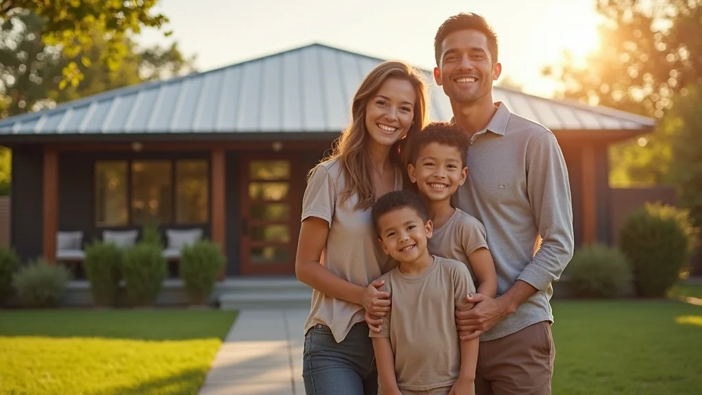 Happy family in front of a Denton County home with a new residential metal roof, showcasing curb appeal, bright landscaping, and a safe, modern residential roof system.